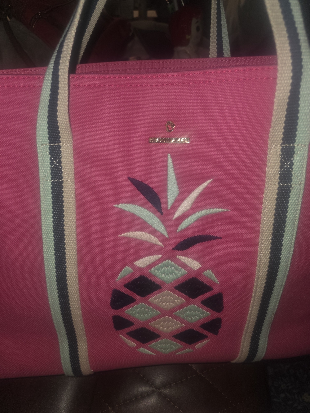 Spartina 449 Bright Pink Pineapple Canvas Tote with Striped Handles